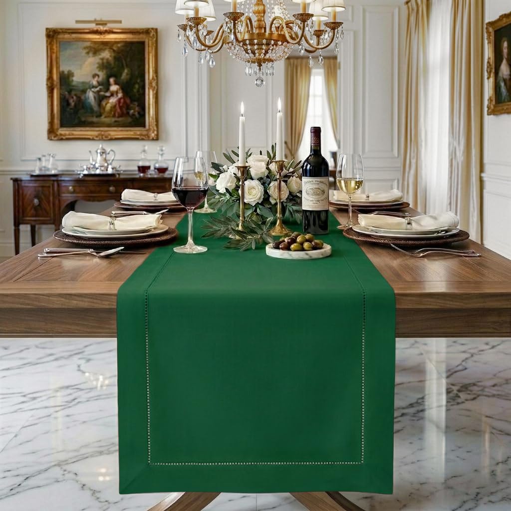 Signature Linen™ by D'Moksha Eden Green Table Runner 120 Inches Long, 100% Pure Linen, Hemstitch, 14 x 120 Inch Table Runner for Dresser, Dining- Mothers Day, Spring, Summer