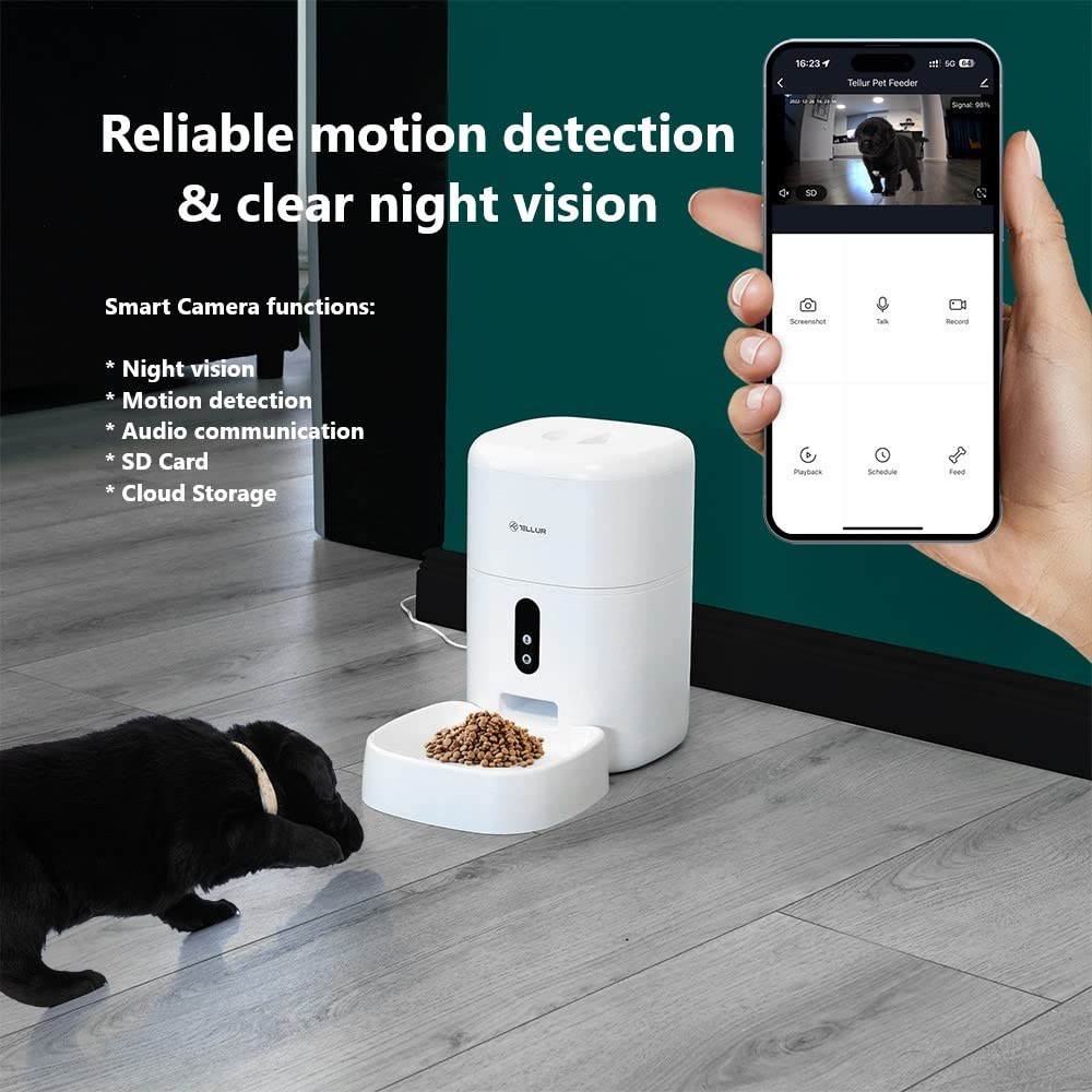 TELLUR SMART Distributore Automatico di Cibo per Gatti e Cani, Mangiatoia Alexa, WiFi, 4L, Videocamera 2K, Compatibile Alexa e Google,Rregistrazione Vocale 10s, Tempo del Cibo e Porzioni Programmabili