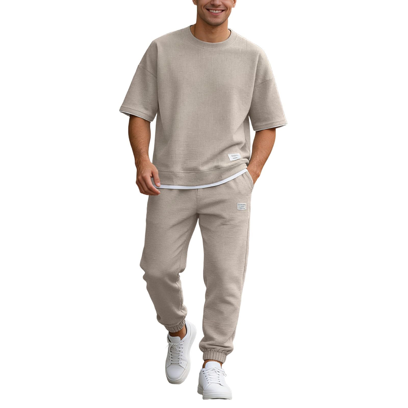 Traje Casual Hombre 2 Piezas Camiseta Oversize de Punto Waffle Pantalones Largos Jogger Cómodos Conjunto de Verano para Hombre Moderno — view 11