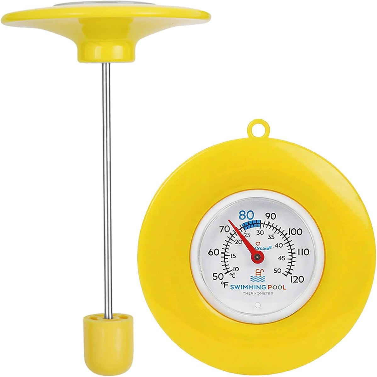 Floating Pool Thermometer,Water Temperature Thermometer,Battery Free Yellow | Battery-free mechanical thermometer with dual °F/°C scale, floating design for pools, spas, hot tubs and outdoor use