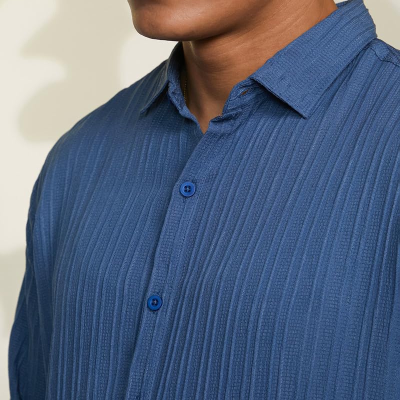 Image of CAHOOT Men's Veined-Textured Shirt | Casual Wear | Spread Collar | Long Sleeve | Button Closure | Shirt Crafted with Comfort Fit for Everyday Wear