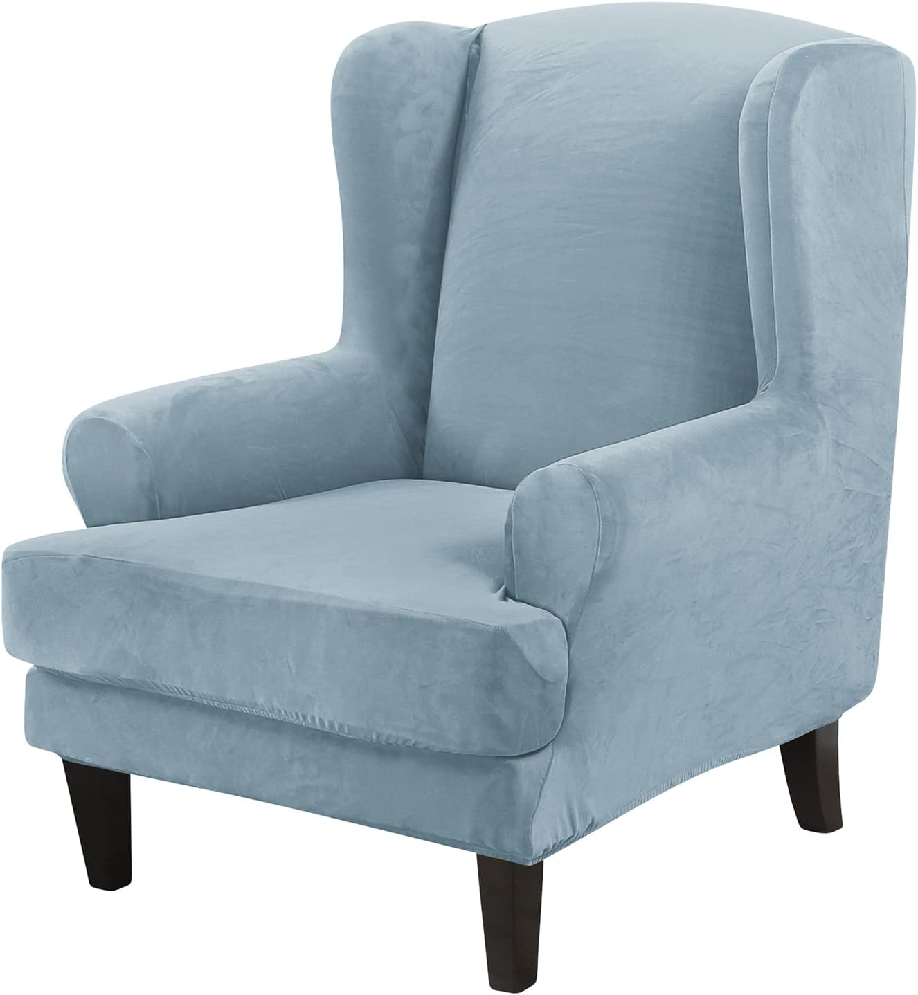 2-Piece Stretch Wing Chair Slipcover, Velvet Wingback Chair Cover with Elastic Bottom, Washable Armchair Chair Slipcovers - Light Blue