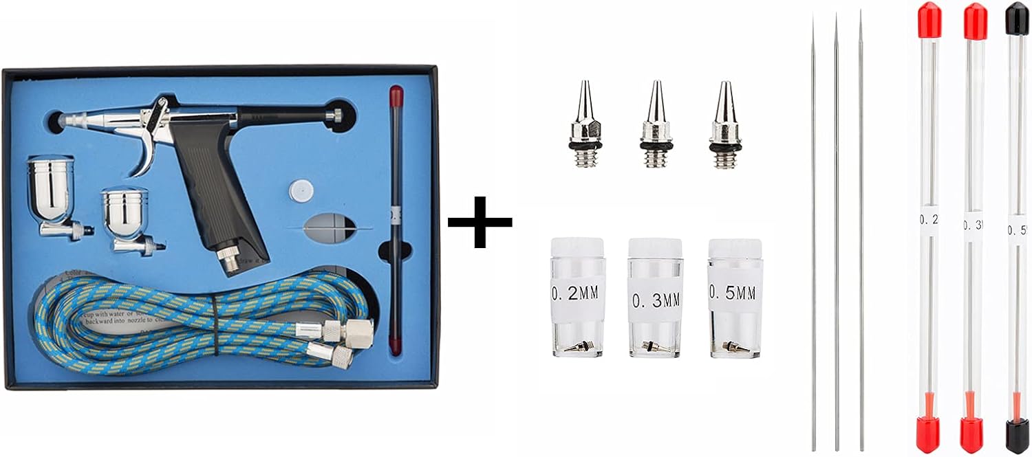 Uouteo Airbrush Trigger Kit Airbrush Gun with 2pcs 0.3mm Needles,Nozzles, Air Hose+0.2mm, 0.3mm, 0.5mm Airbrush Nozzle and Airbrush Needles Replacement Parts