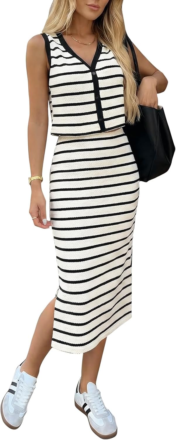 EXLURA Women's Cotton 2 Piece Skirt Set V Neck Faux Button Tank Tops Matching High Waist Midi Skirt Pockets Vacation Outfits