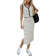 EXLURA Womens Cotton 2 Piece Skirt Set V Neck Faux Button Tank Tops Matching High Waist Midi Skirt Pockets Vacation Outfits