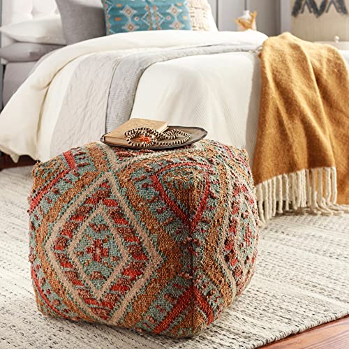 Bohemian Geometric Colorful Pouf Blue Cream Orange Medallion Global Oriental