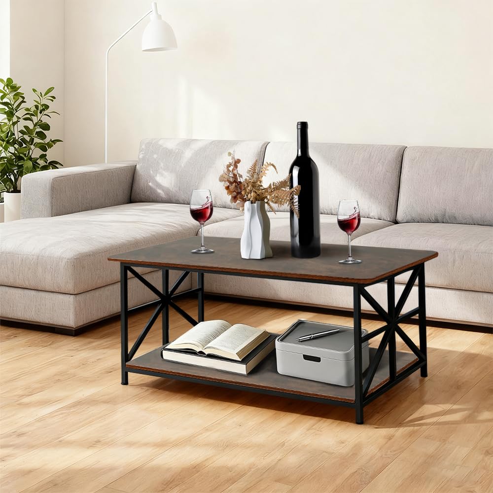 HUOLE Tavolo Basso, Tavolo da Salotto, Buffet Basso, con Scomparto Aperto, Struttura in Acciaio a Forma di X, 100 * 52 * 47,5 cm (L)