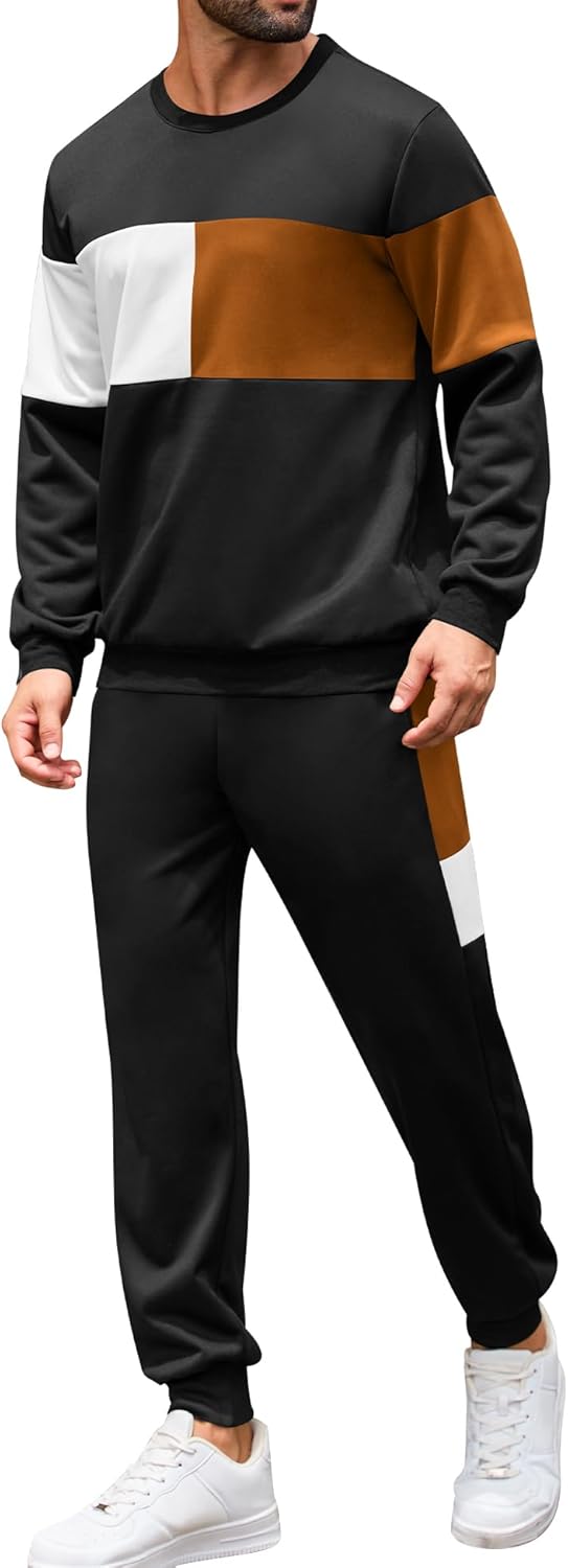 Babioboa Men's Color Block 2 Piece Outfits Long Sleeve Pullover Sweatshirt Tracksuit Jogger Sweatpants Athletic Sweatsuit Set