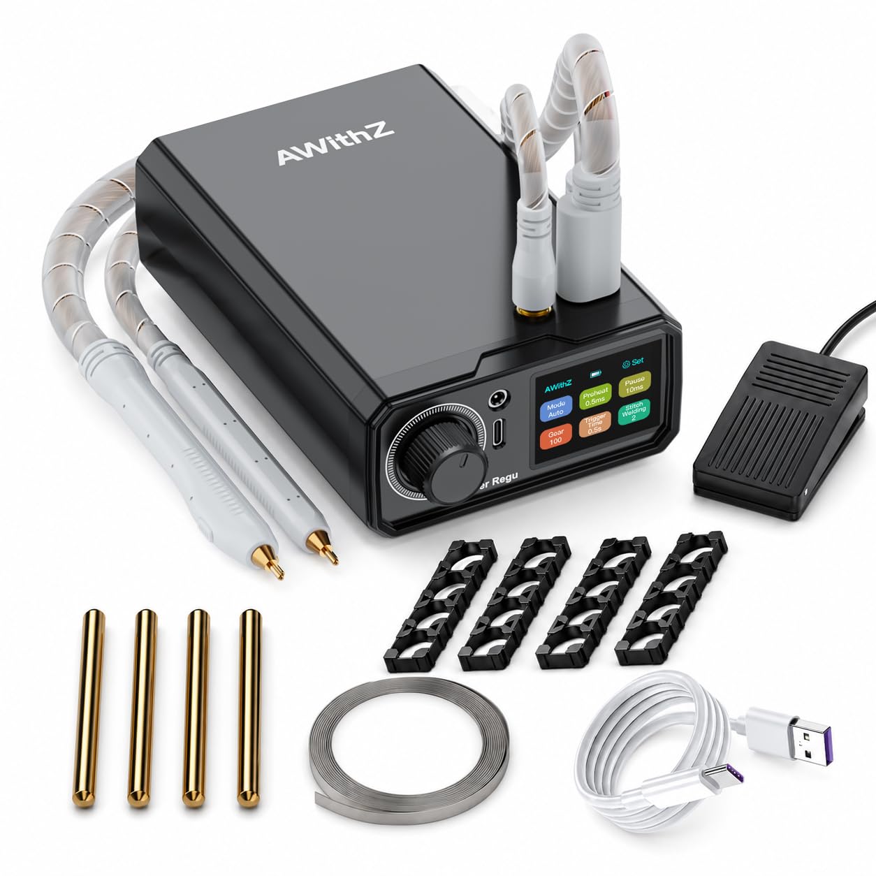 UK3 Kit de Soldador por Puntos Portátil para Baterías, Doble concentración,Soldadora 10000mAh con Corriente Instantánea Máx. 1650A,1–100 Niveles, 3 Modos, Pedal, Lápices de WP110 Soldadura