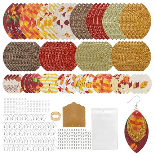 AOUXSEEM 321 Pcs Faux Leather Earrings Making Kit for Beginner, Contains 96 Pre Cut Eye Shape Pieces with Fish Hooks Jump Rings Opener Display Cards and Self-Adhesive Bags (Thanksgiving)