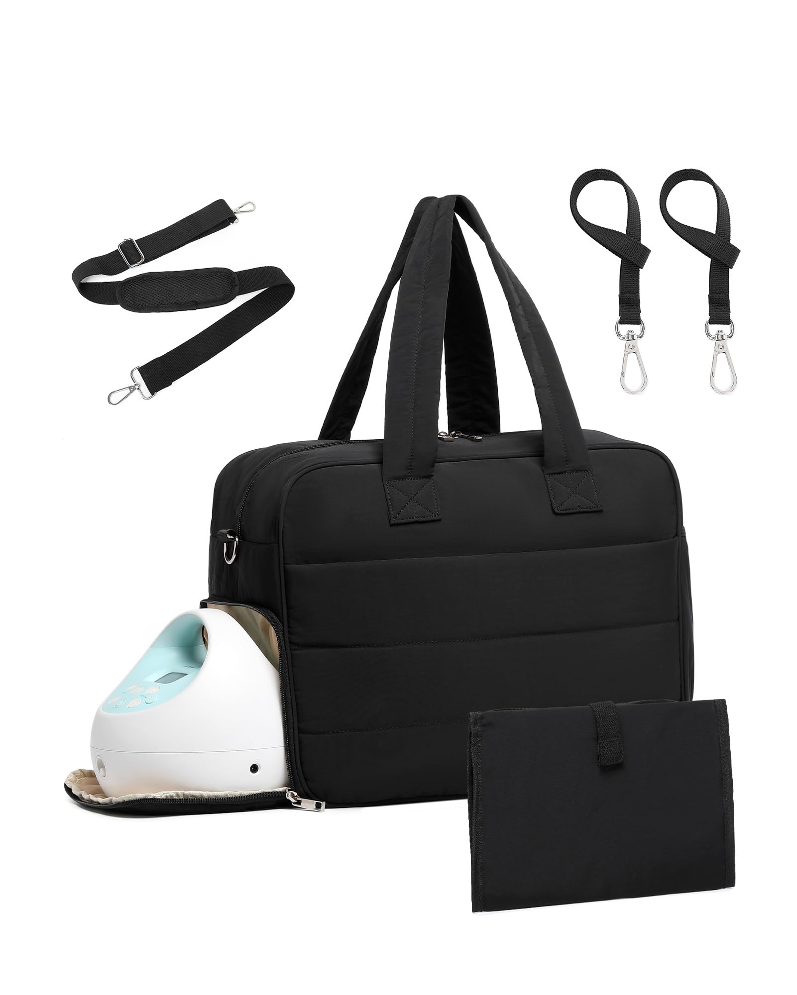 Diaper Bag with Breast Pump Laptop Compartment, Puffer Quilted Tote Bag with Baby Changing Pad Stroller Buckle Straps