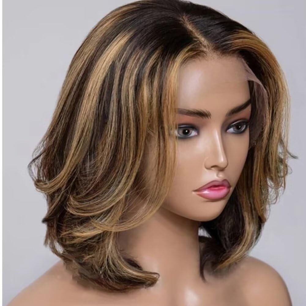 1b/27 Ombre Color Human Hair Wigs Blonde Highlight Brazilian Remy Natural Hairline Blonde Layered 13X4 HD Transparent Lace Front Bob Wigs For Black Women Body Wavy Pre Plucked 154 Density Glueless Wig