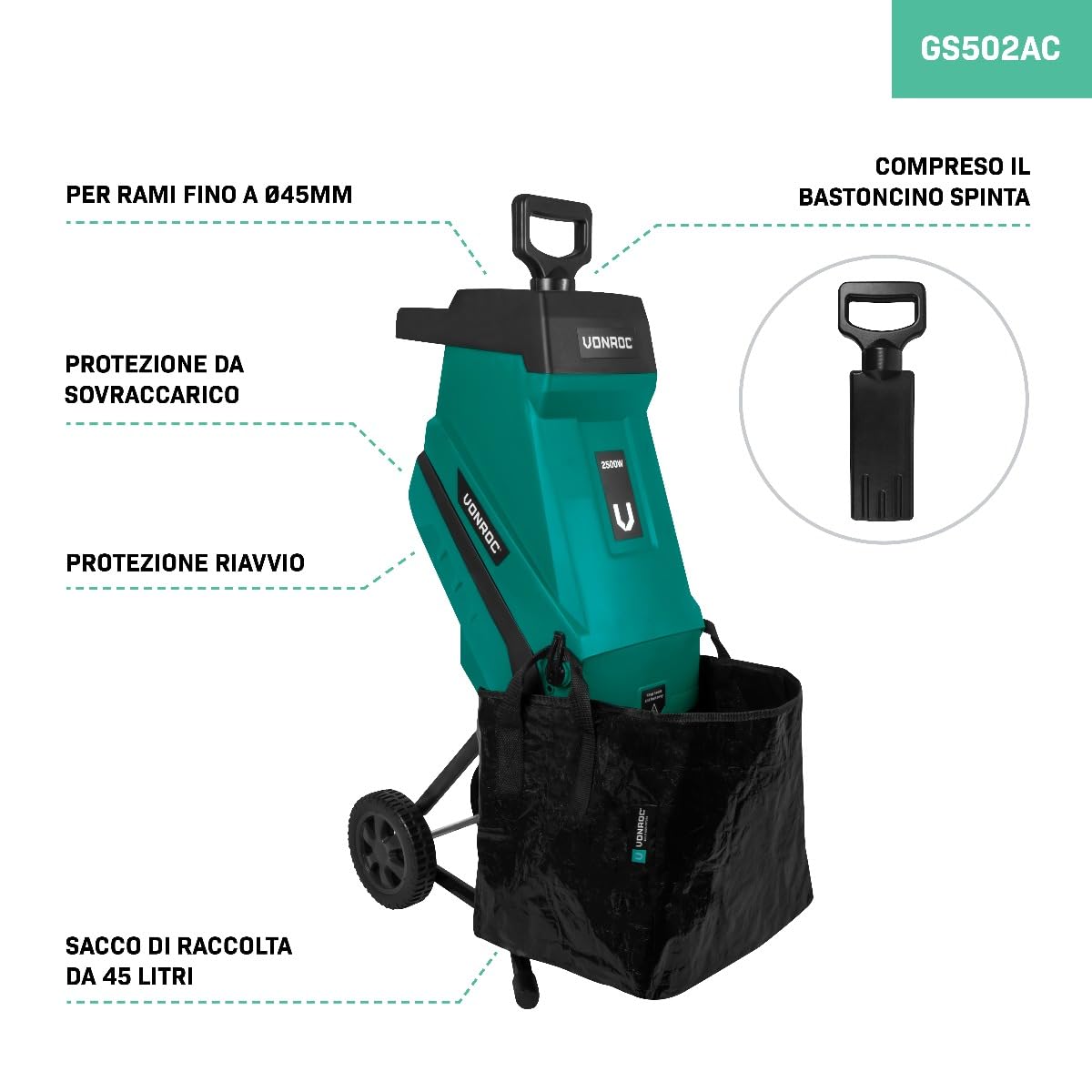 VONROC Biotrituratore elettrico 2500W – Trituratore Rami e foglie fino a Ø45mm, con Sacco Raccolta 45L, Lame in Acciaio Duro, Sicurezza Anti‑Sovraccarico – Leggero, Compatto e Facile da Pulire