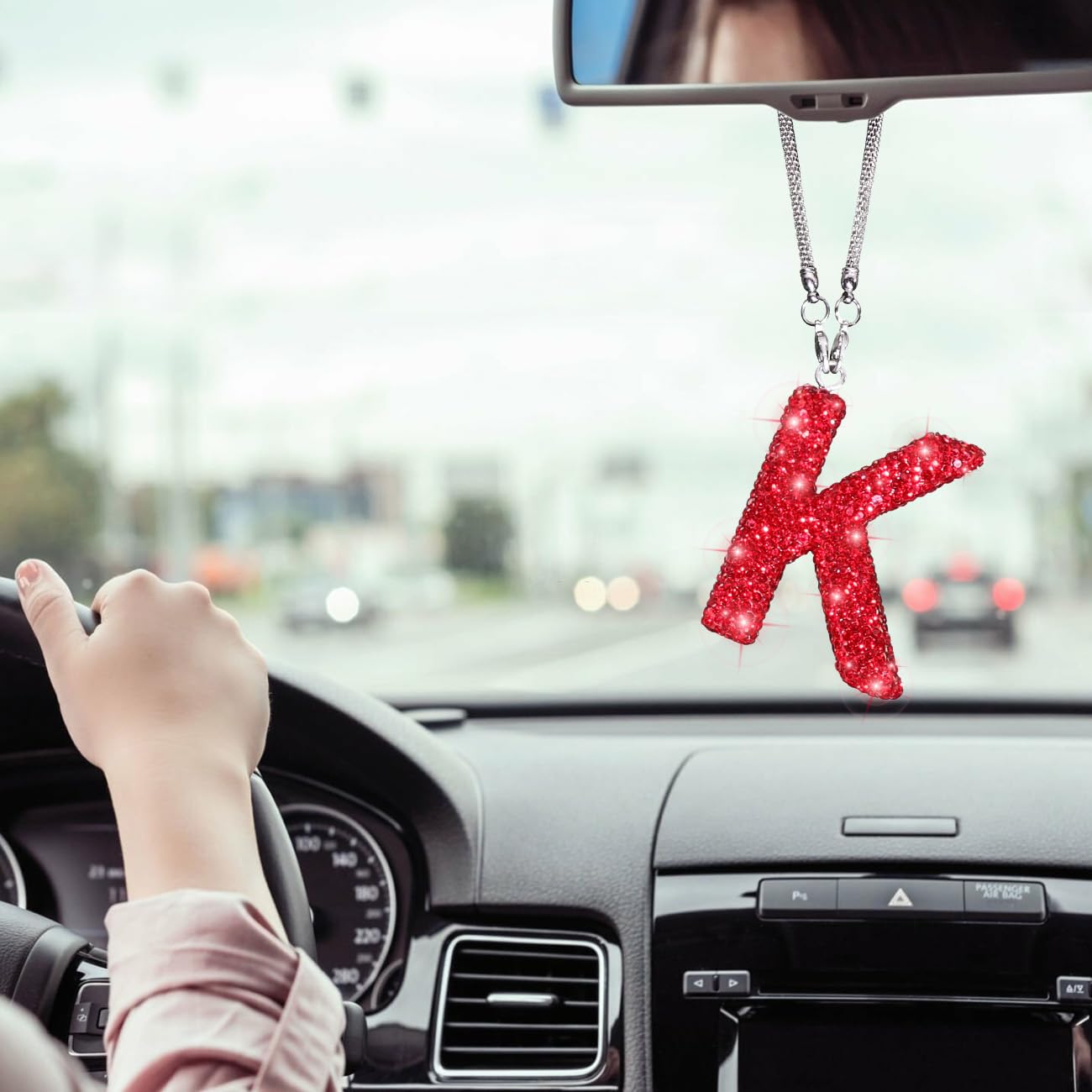 Red Rear View Mirror Hanging Accessories Crystal Diamond Rhinestone Car Ornament Letter K Cute Lucky Rhinestone Car Accessories — view 4