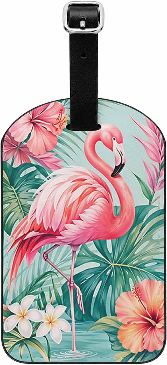 Unique Luggage Tag with Privacy Cover,Pink Flamingo Tropical Hibiscus and Palm Leaves Name ID Label for Suitcases Backpacks Air Travel,1 Pack PU Leather Luggage Tag