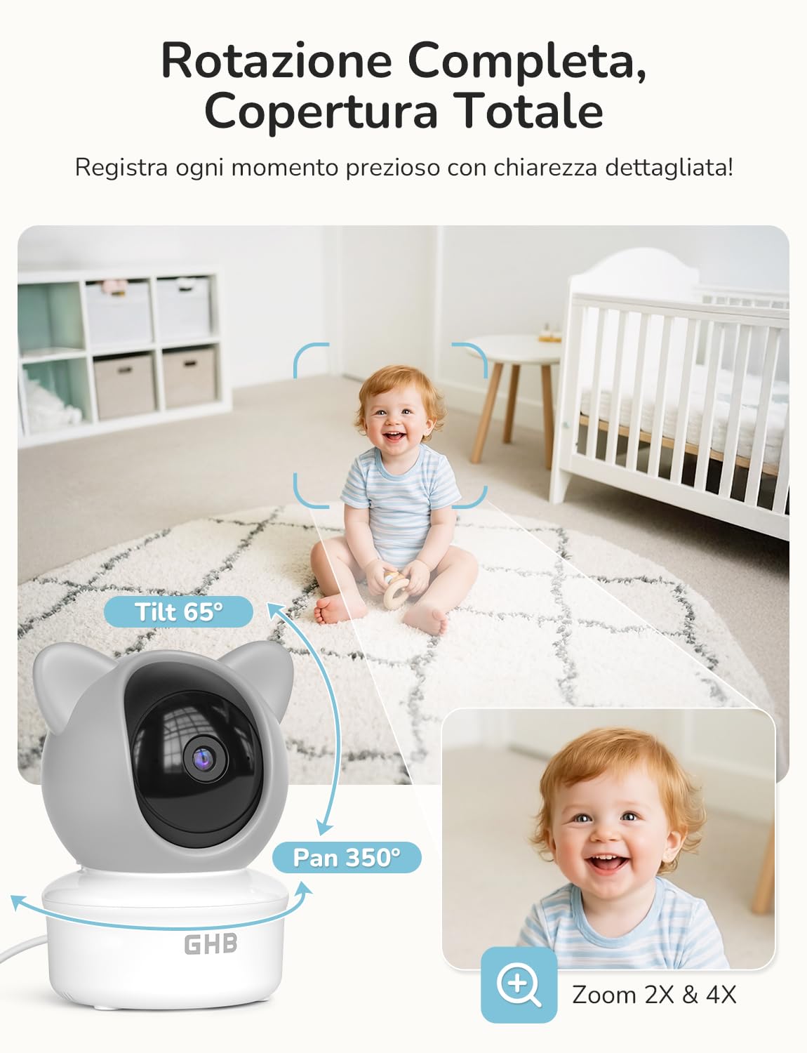 GHB Baby Monitor Video e Audio 5", Telecamera 2K, 350°/65° PTZ, 3000mAh, Controllo Tramite App e Monitor IPS, Rilevamento di Movimento/Pianto/Temperatura, Visione Notturna