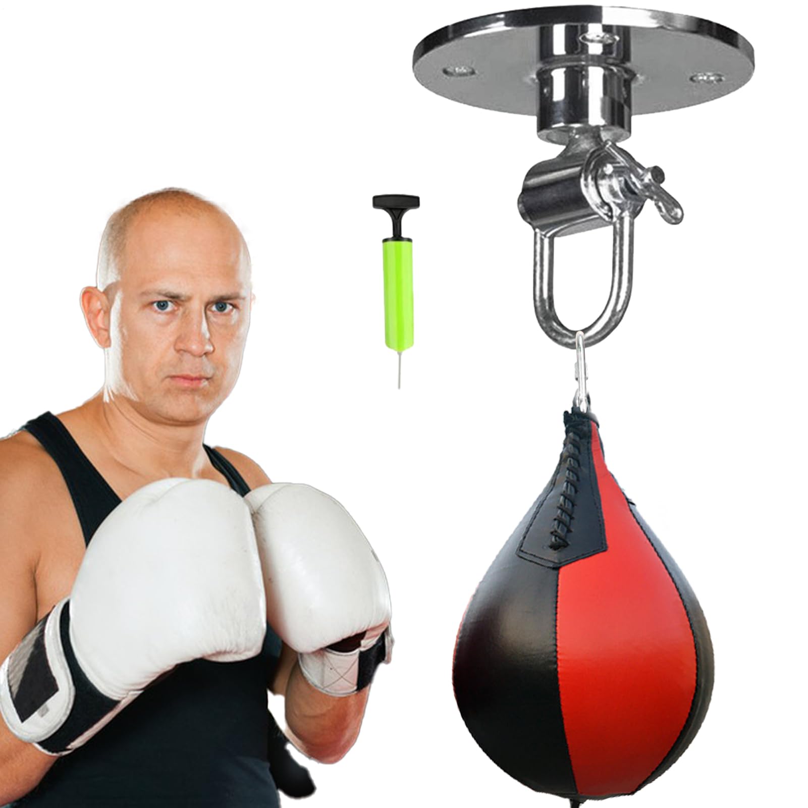 Speed ​​Bag - Boxsack mit Inflator und Universal Aufhängerotator, Profi Birnenball, Schwermetallhardware, Metall-Kombinations-Zubehör-Set | Für Boxen Erwachsene Männer Frauen Gym Home