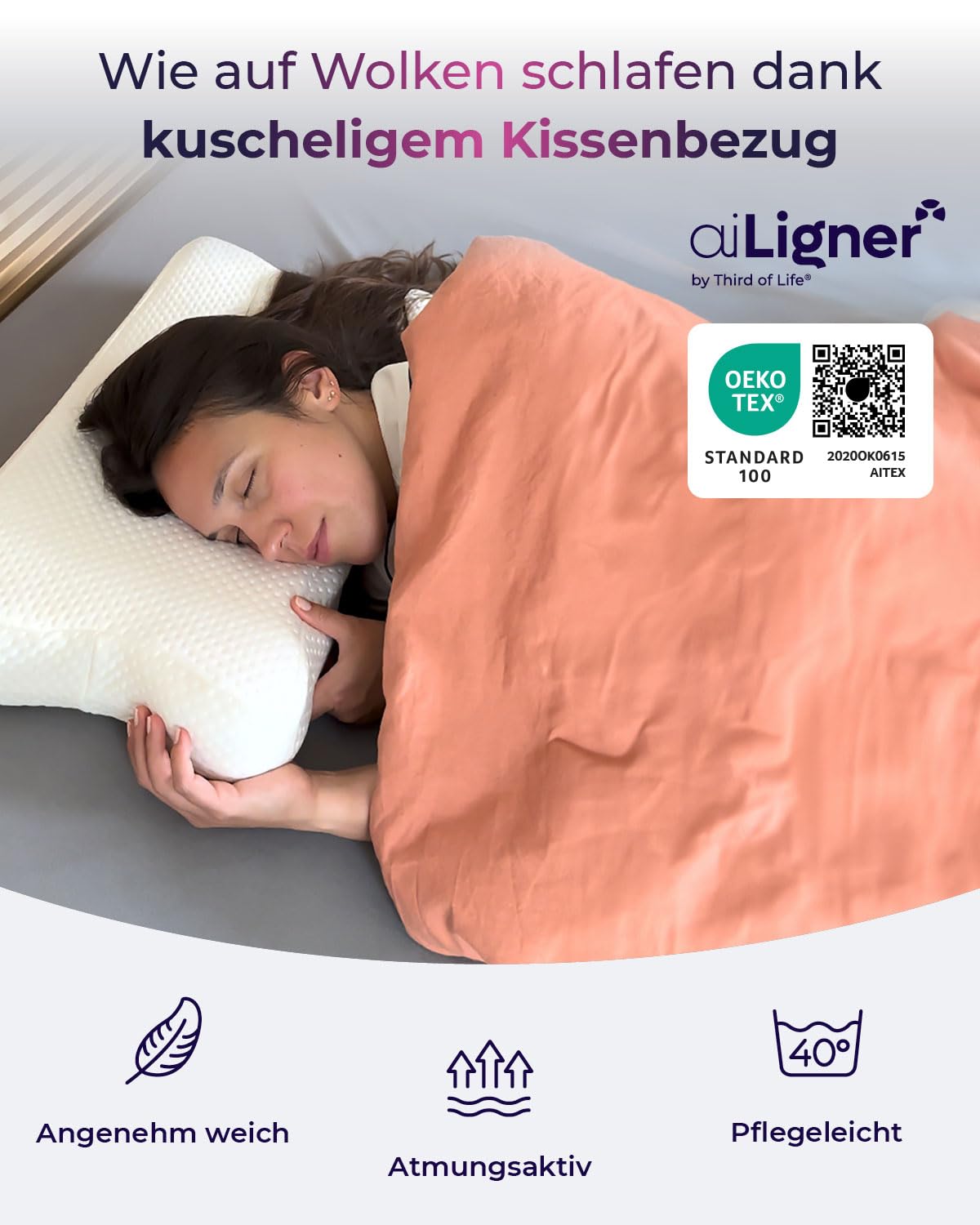 aiLigner ergonomisches Nackenkissen, 3-lagig und höhenverstellbar | HWS Kopfkissen aus Memory Foam gegen Nackenschmerzen, Nackenstütz-Kissen für Seitenschläfer, Rückenschäfer, Bauchschläfer