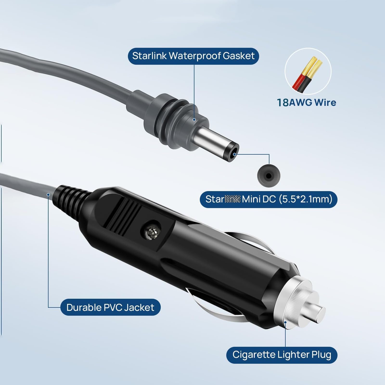 Leeehitech Starlink Mini câble d'alimentation CC 12 V-24 V IP68 étanche Starlink Mini vers adaptateur CC pour camions, voitures et véhicules 3 m