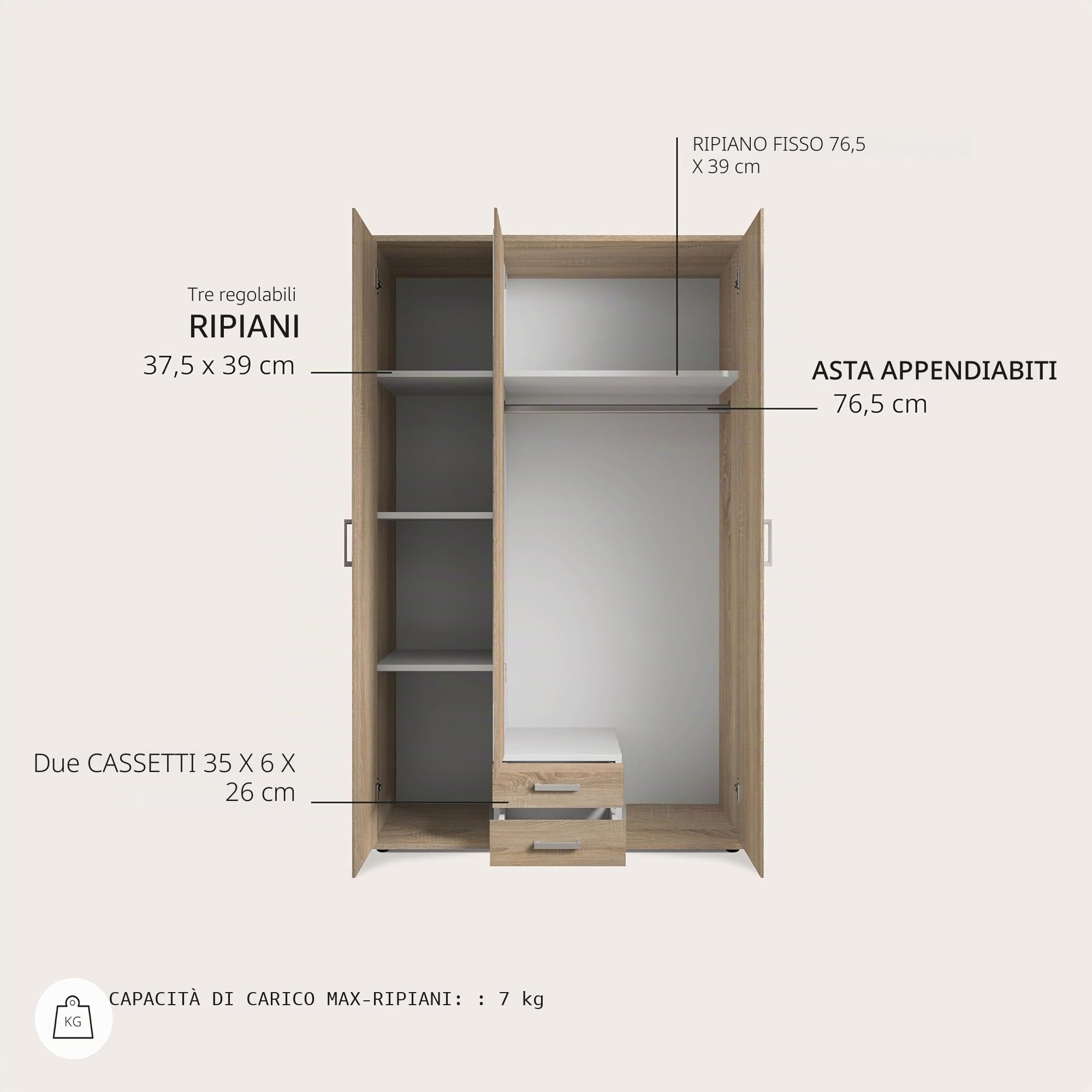 KARL, Elegante armadio a 3 ante molto capiente, versatile in effetto rovere Sonoma con anta a specchio, 120 x 195 x 55 cm