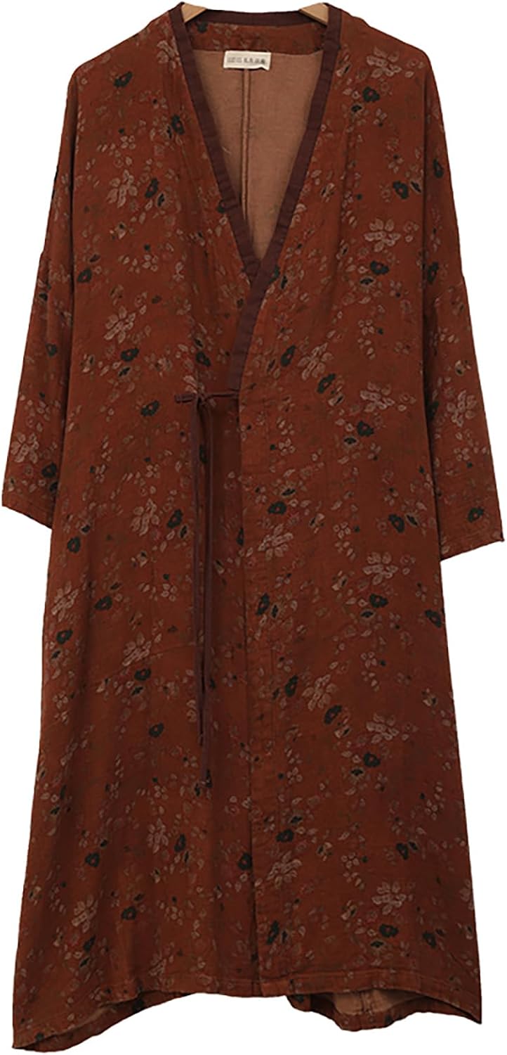 LUZU JUNU Women's Lightweight Cotton Kimono Floral Tie Up Loose Boho Cardigan Open Front Trench Coat Shawl With Pockets - Image 4