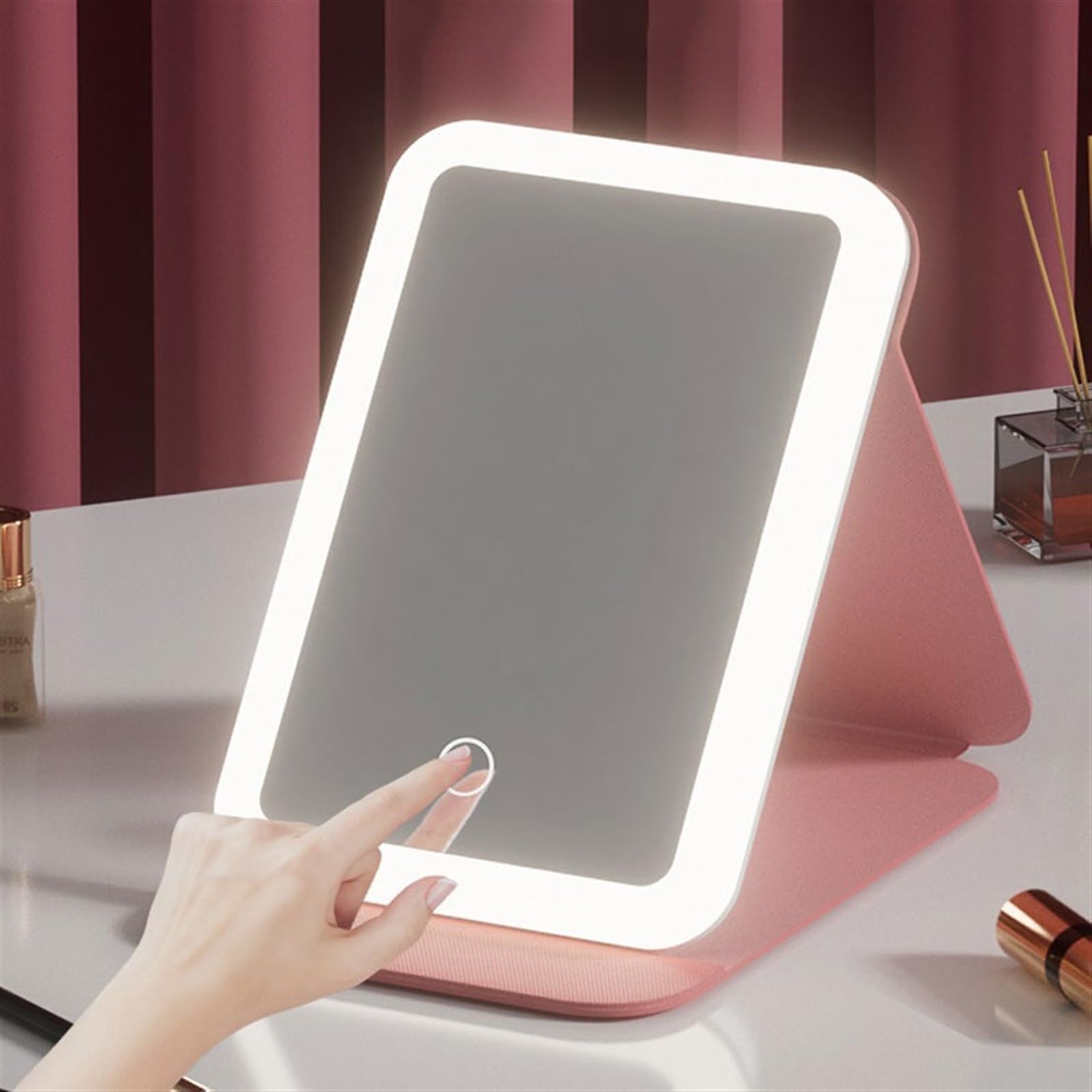 Espejo de Maquillaje Espejo cosmético LED Plegable de Escritorio con Espejo Recarga luz para Uso doméstico(Blanco)