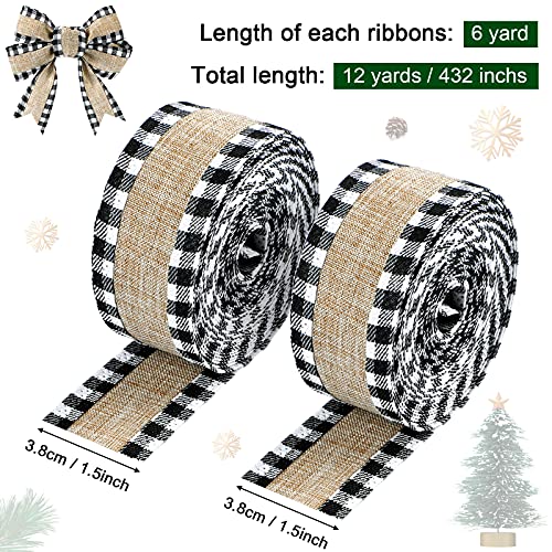 2 Rolls Christmas Buffalo Plaid Wired Edge Ribbons Christmas Tree Burlap Fabric Craft Ribbon Wrapping Ribbon With Checkered Edge, 216 Inch (Black And White,1.5 Inch Width) #TOP1