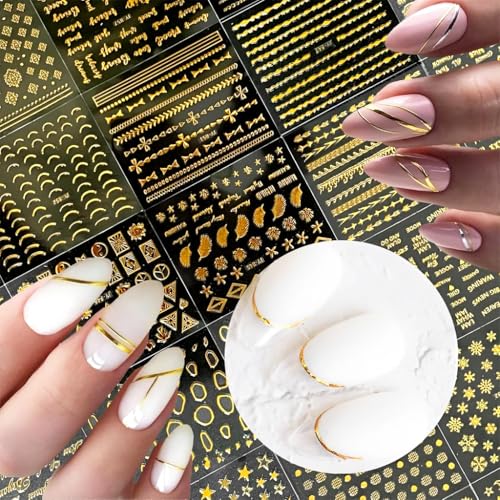 Image of MAYCREATE Gold Line 3D Nail Art Stickers, 30 Sheets, Self-Adhesive Decals