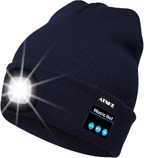 ATNKE LED Lighted Bluetooth Beanie Cap, USB Rechargeable Wireless Musical Running Hat Ultra Bright 4 LED Waterproof Light Lamp Use for Skiing Hiking Camping Cycling
