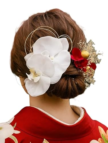 【髪飾り 国産 高級造花 胡蝶蘭 】成人式・振袖・結婚式・卒業式・袴・前撮り・七五三｜着物・和装・ウェディングドレス・白無垢・浴衣対応｜シニヨン 編みおろし ポニーテール アップスタイル ハーフアップに映える｜水引き・和玉・金箔｜日本製和装小物 (白/ゴールド/赤)9802（Amazon）