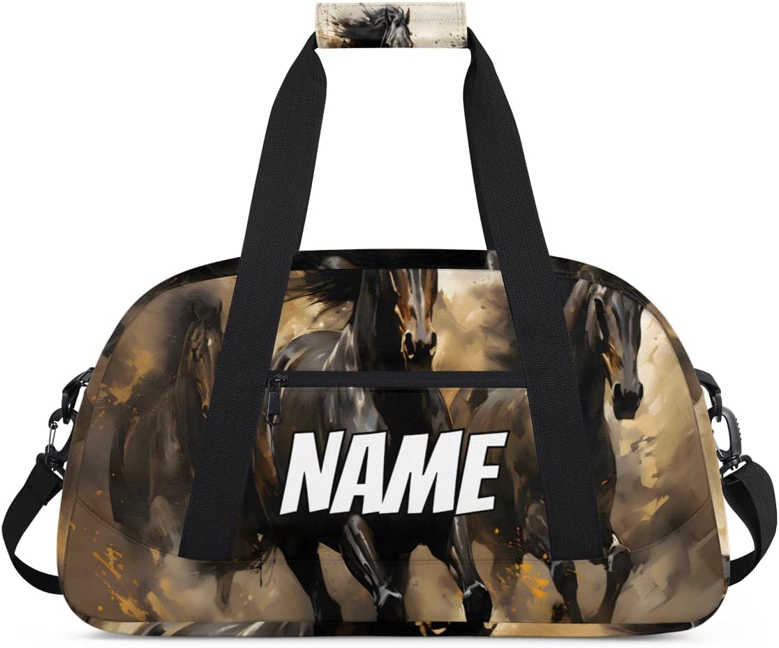 Custom Wild Horse Sports Gym Bag Personalized Running Animals Name Travel Duffel Bag Customized Weekender Overnight Bags for Women Men