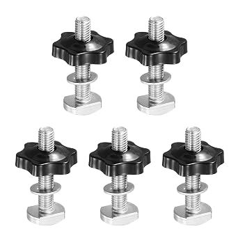 PATIKIL T-Rail Bolt Knob Kit 5 Sets M8 x 45mm x 32mm Threaded Bolts T-Rail Accessories with Washers and 6 Star Knob Nuts for Woodworking Jigs and Fixtures, Silver Black
