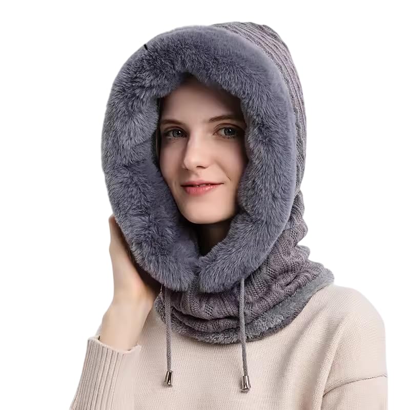 Winter Caps for Women Girls Knit Warm Woolen Hat with Neck Scarf Snow Proof Beanie Soft Fleece Velvet Fur Lined Monkey Hat for Outdoor Balaclava Hood-picture-17