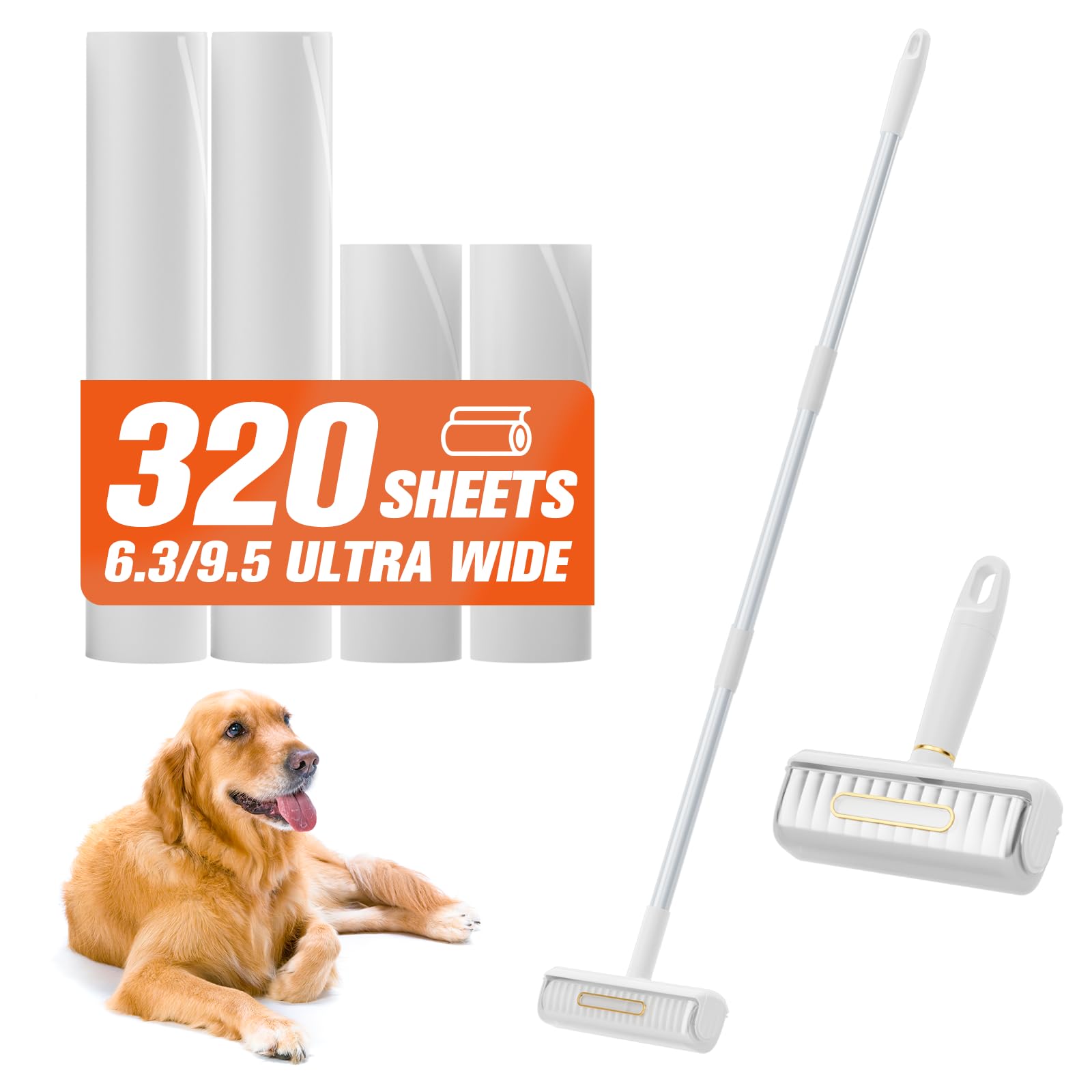 Eazer 10" Large Lint Roller for Clothes, Lint Roller for Pet Hair Extra Sticky with 40" Extension Pole, 240 Sheets Multi-Purpose Lint Remover for Cleaning Sofa, Clothe, Carpet - Additional Mini Roller