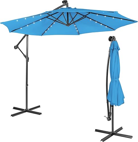 Tangkula Paraguas voladizo de 10 pies con 32 luces LED de energía solar, sistema de inclinación funcional y mecanismo de manivela, paraguas de patio