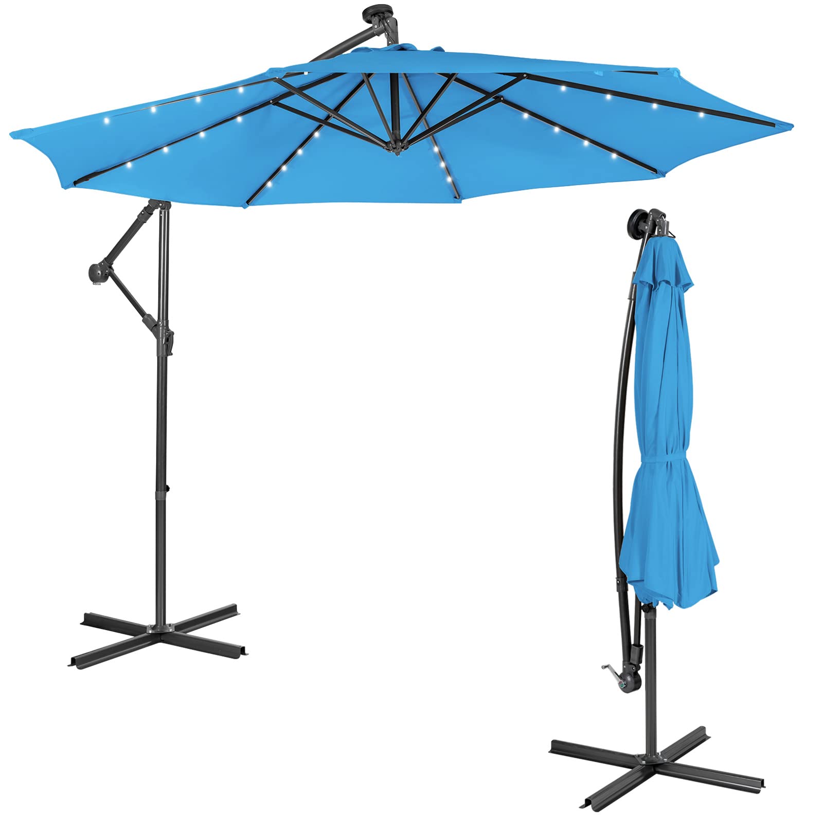 Tangkula 10 ft Cantilever Umbrella w/32 Solar-Powered LED Lights, Functional Tilting System & Hand-Crank Mechanism, Colorfast Solution Dyed Canopy, Patio Offset Umbrella for Backyard, Poolside, Market