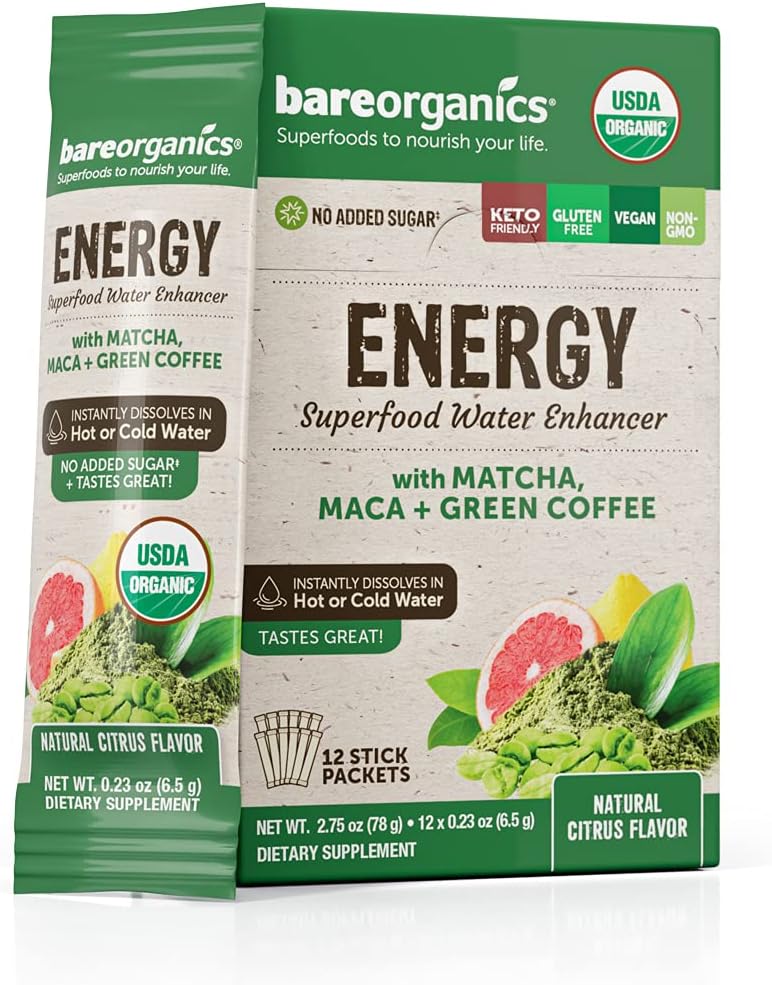BareOrganics On-The-Go Energy Superfood Water Enhancer โ Organic Energy Drink Mix, Set of 12 PacketsUSDA Organic