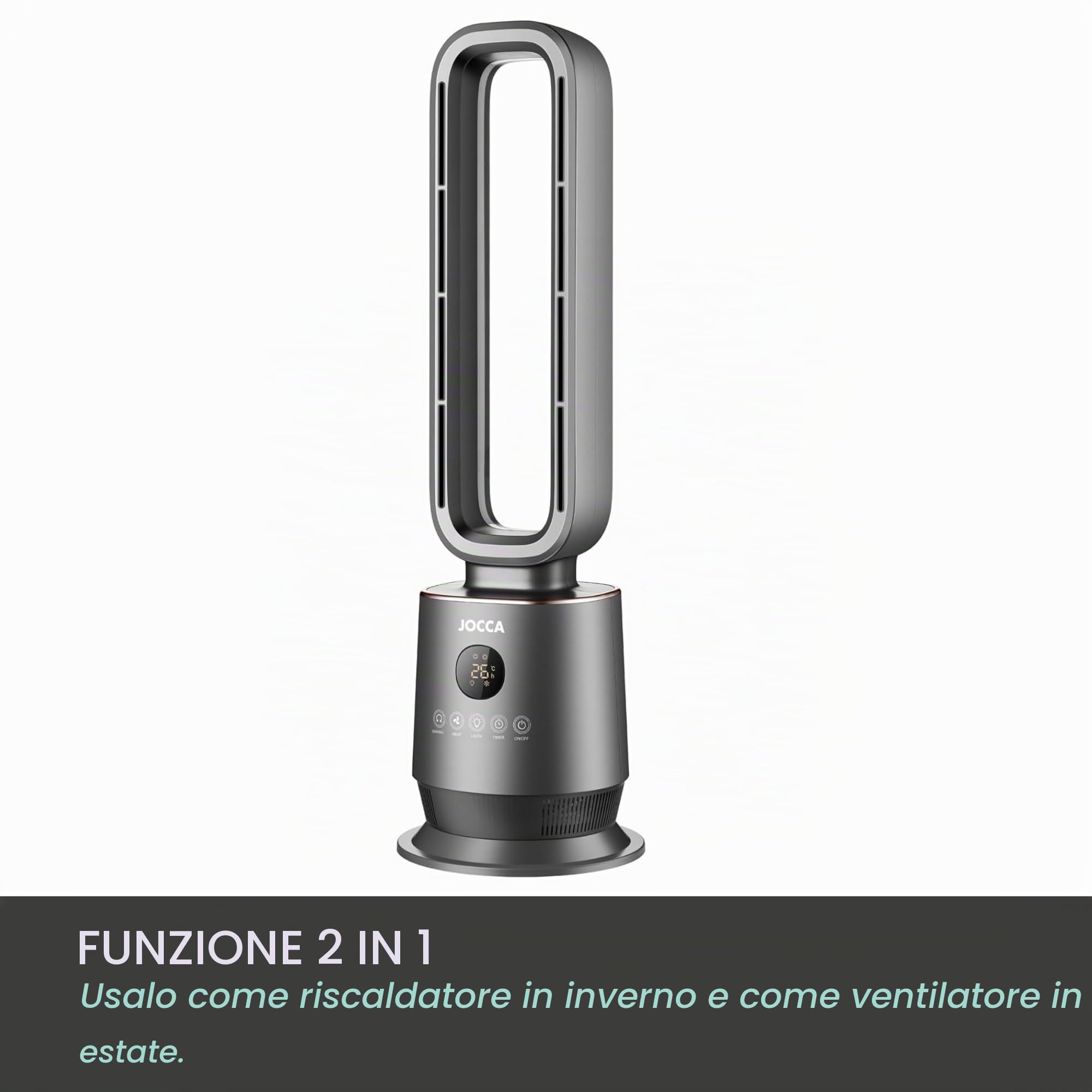 JOCCA - Riscaldatore digitale senza pale 2000 W con telecomando | Termoventilatore silenzioso con oscillazione 70°, timer, termostato 16-36°C, luce LED 7 colori e protezione di sicurezza