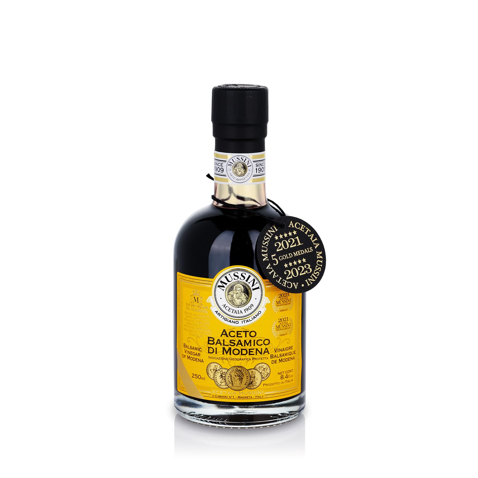 Mussini Aceto Balsamico Di Modena IGP – IL DENSO 12 ans – 5 médailles d'or – 250 ml – primé de la région de Modena Emilia-Romagna – Fabrication artisanale dans 12 types de fûts en bois différents