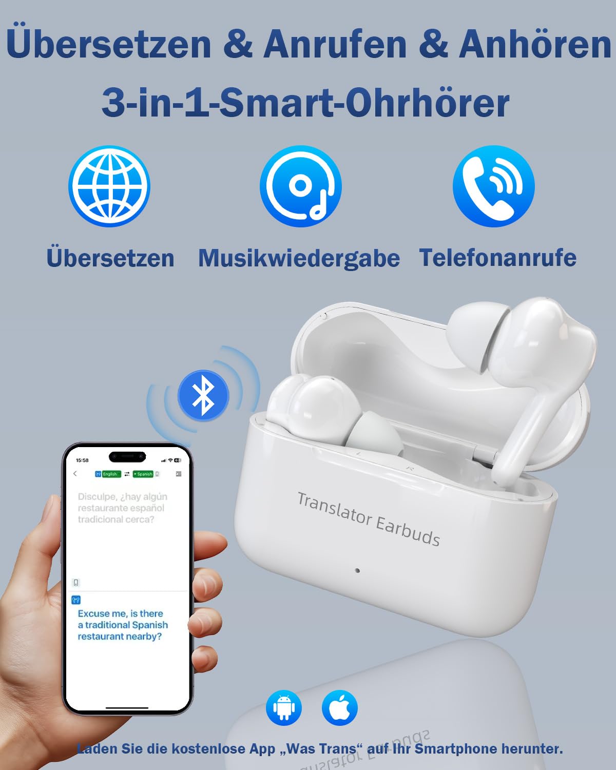 Wooask M6 Ai Kopfhörer Übersetzer, 144 Online & 11 Offline Sprachen Übersetzer Echtzeit, 3-in-1 Smart Bluetooth Übersetzer Kopfhörer Ideal für Reisen Business Learning (White, Offline-Version)