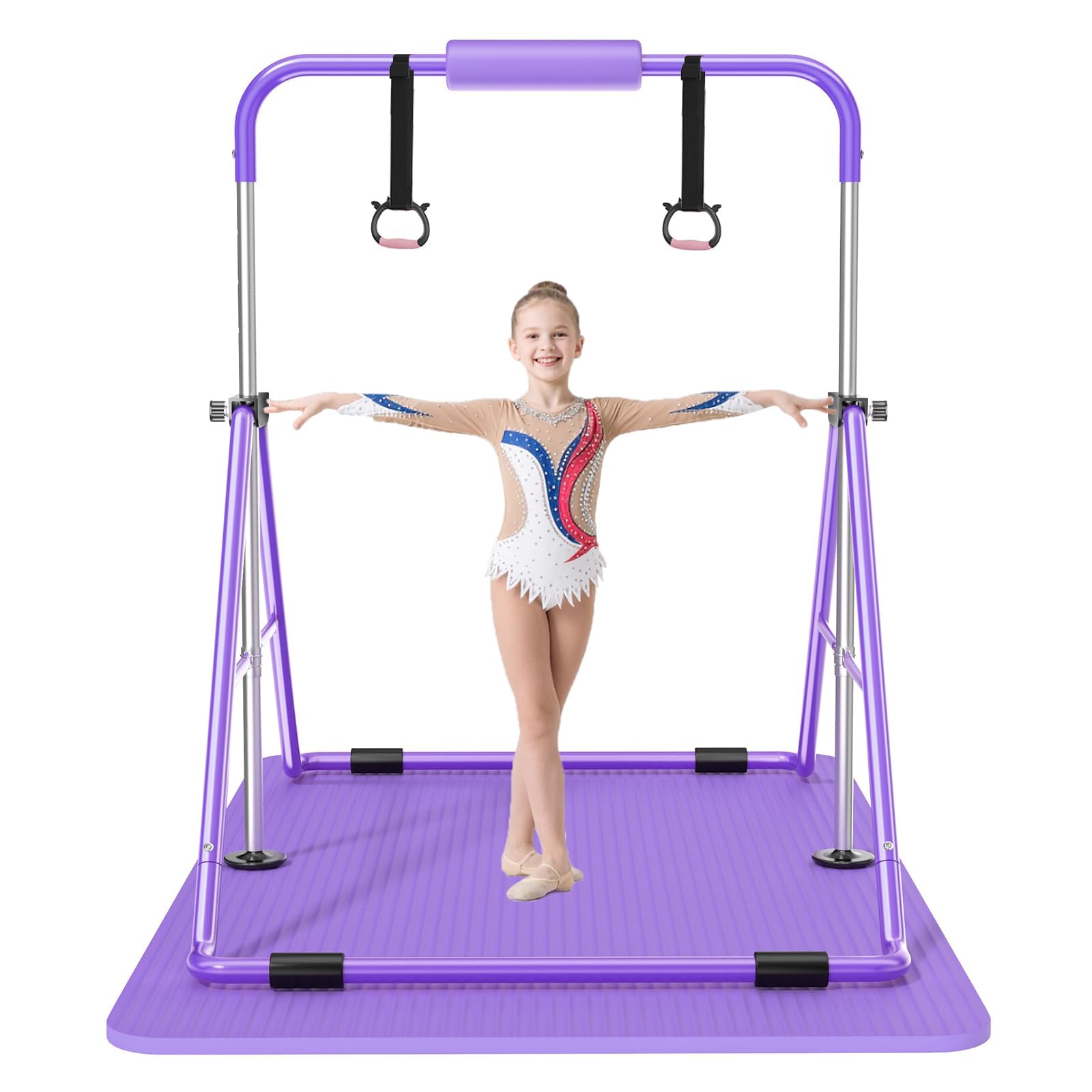 Safly Fun Gymnastics Bar with Mat for Kids, Foldable &amp; Adjustable 35"-51", Supports 142Lbs with Pad, Easy to Assemble, Gymnastics Equipment for Indoor/Outdoor Training