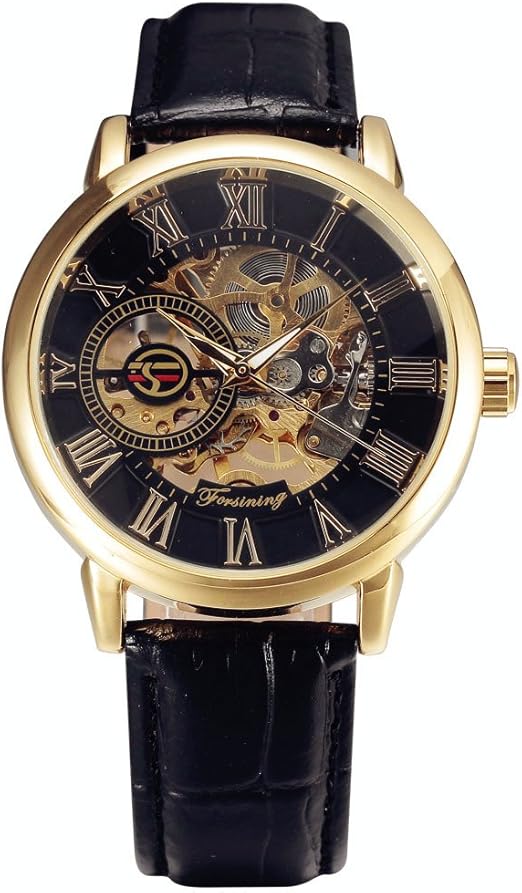 Amazon.com: Forsining 3D Logo Design Hollow Engraving Black Gold Case  Leather Skeleton Mechanical Watches Men Luxury Brand Heren Horloge :  Clothing, Shoes \u0026 Jewelry