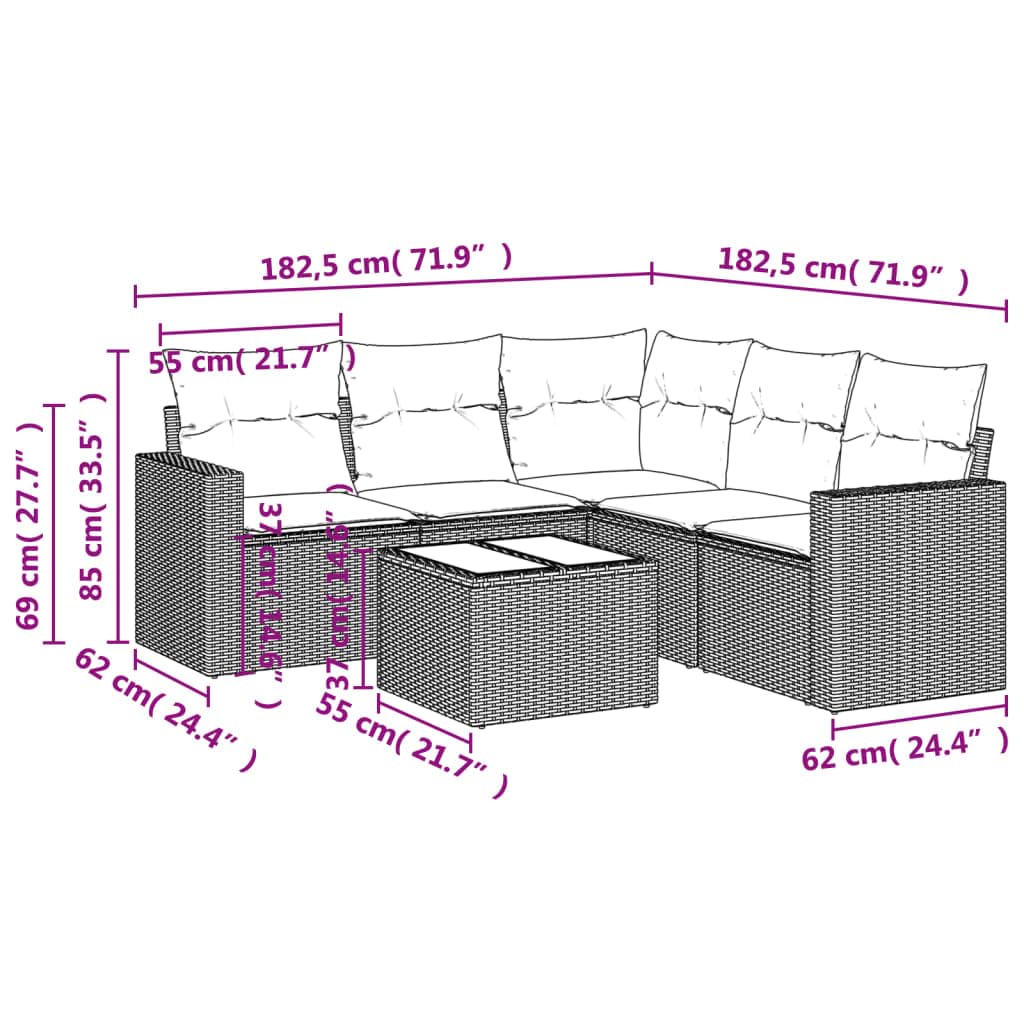 Set Divano da Giardino 6 Pz in Polyrattan Beige con Tavolo Vetro | Salotto componibile per terrazzo e patio con cuscini sfoderabili e vano contenitore sotto le sedute per accessori.
