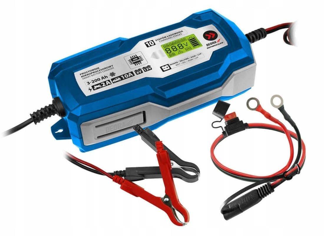 Mikroprozessor-Batterieladegerät Dedra 10A, LCD, 6/12 V, 3–200 Ah (LFP), LCD-Display, kompakte Bauweise, 10-stufiger Ladeprozess, Schutzfunktionen, intelligente Mikroprozessorsteuerung