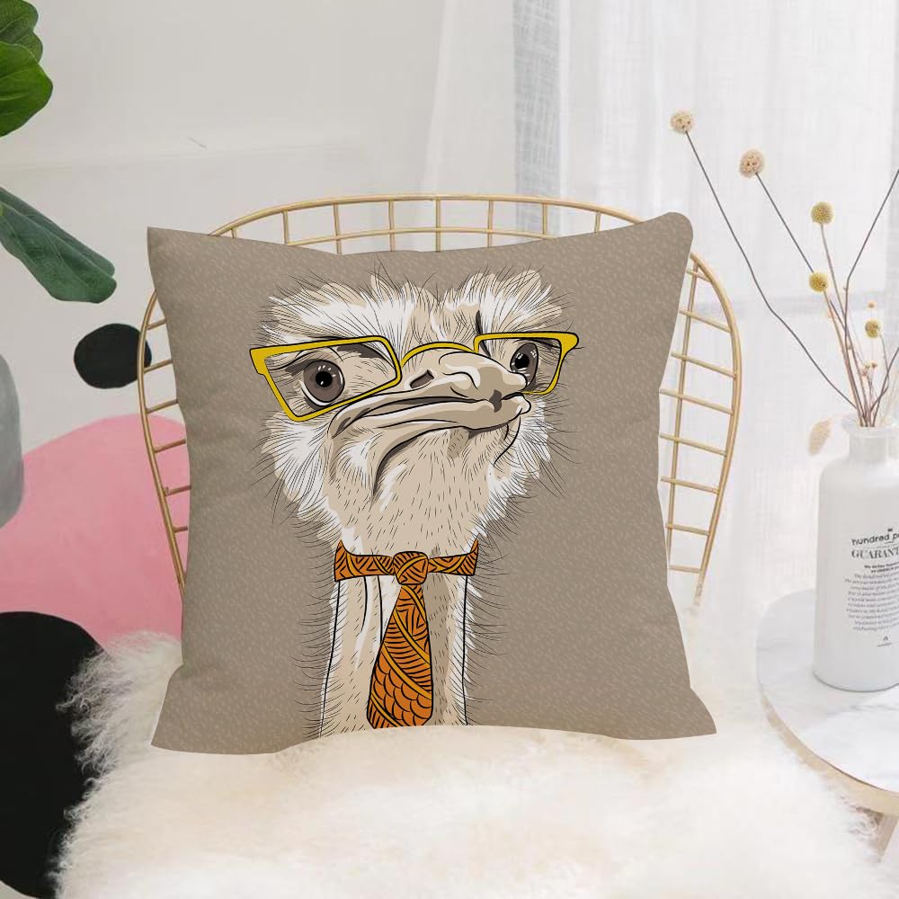 HYOSXW Cushion Cover,Throw Pillow Case Home Decorative for Living Room Bedroom Sofa Chair 16X16 Inch,closeup portrait of funny Ostrich Bird hipster in yellow eyeglasses and tie,Pillowcase 40X40cm