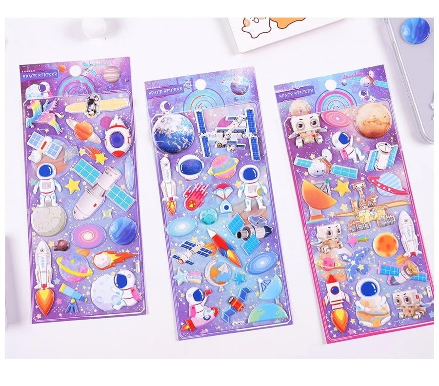 Image of Crackles Kawaii 3D Puffy Stickers for Kids - 3D Craft Book & Scrapbook Stickers, Self-Adhesive, Cute for Girls and Boys (Astronaut Theme) (Pack of 12)