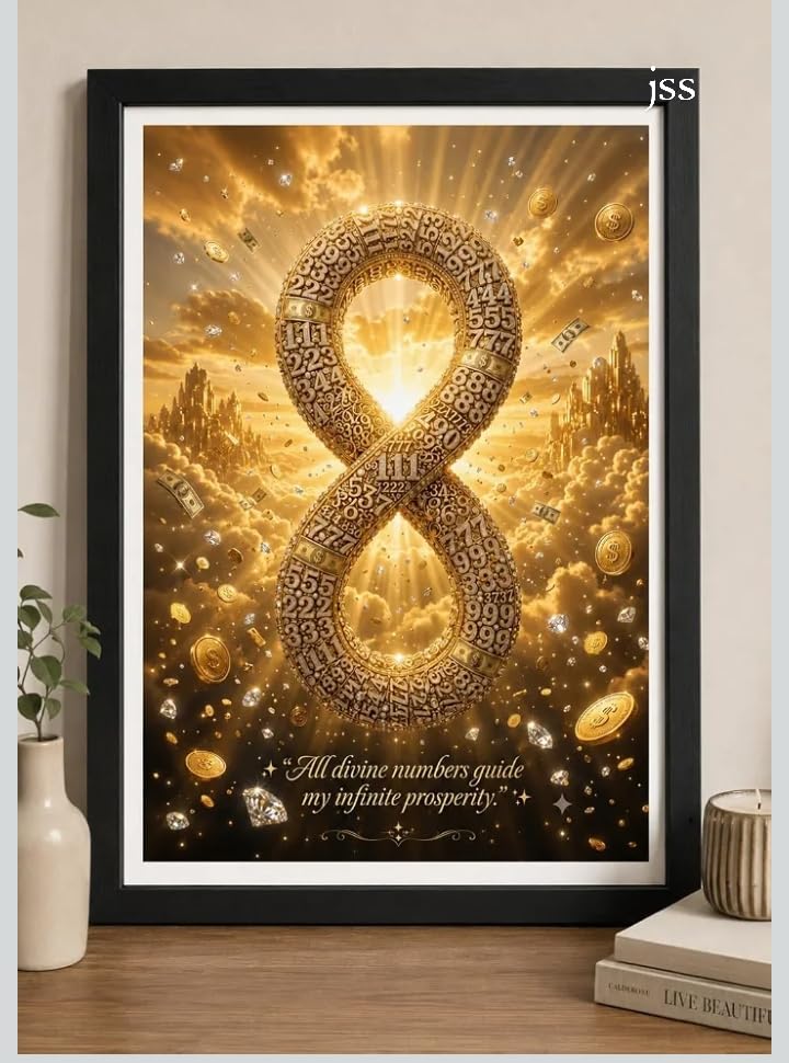 JSS Framed Wall Art Poster, Angel Numbers Infinity Prosperity Theme, Black Frame, A4 Size, 300 GSM Premium Print-image-1