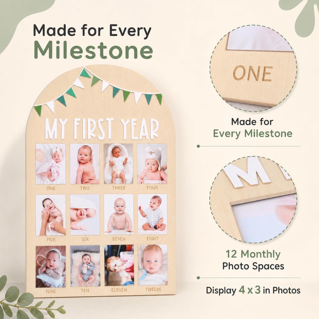 Sage Green 12-Month Photo Frame Set—Wild One Wooden Decoration, 1st Birthday Bunting, Wooden Monthly Milestone Photo Frame,First birthday decorations
