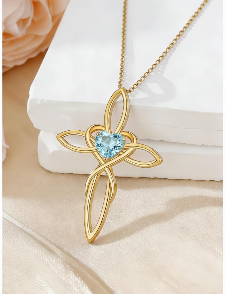 POIUY Celtic Knot Cross Necklace for Women 14K Gold Irish Infinity Love Heart Cross Jewelry with Birthstone Pendant Valentines Day Birthday Gifts for Her - Image 3