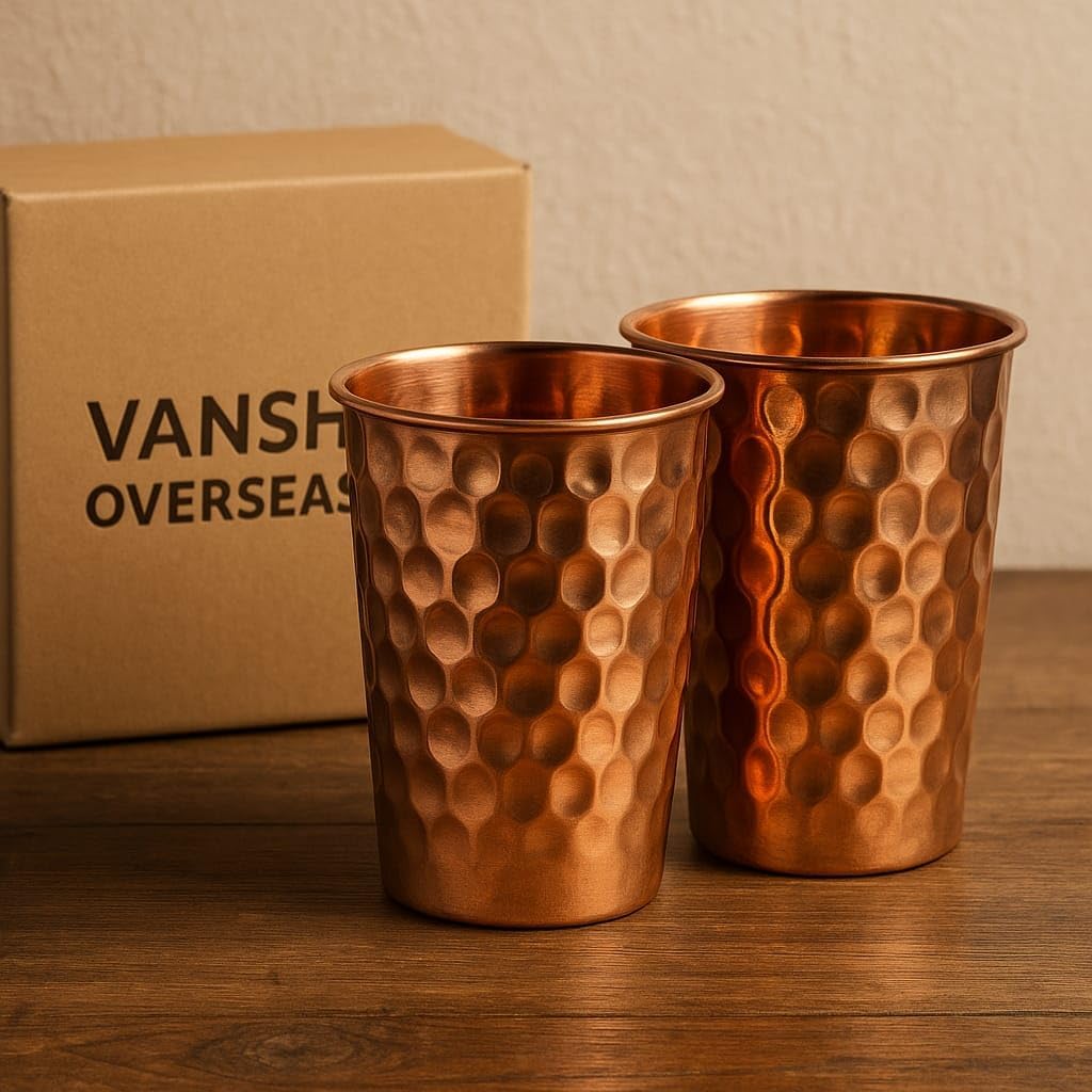 Handcrafted Traditional Hammered Copper Water Glasses – Set of 2 | 300 ml Drinking Tumblers Copper Cups for Home Office Kitchen & Daily Use - Image 2